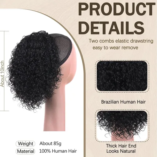 Vista 2 de Extensión de cola de caballo de cabello humano de 12 pulgadas con cordón rizado profundo para mujeres negras, extensión rizada 3C, color negro