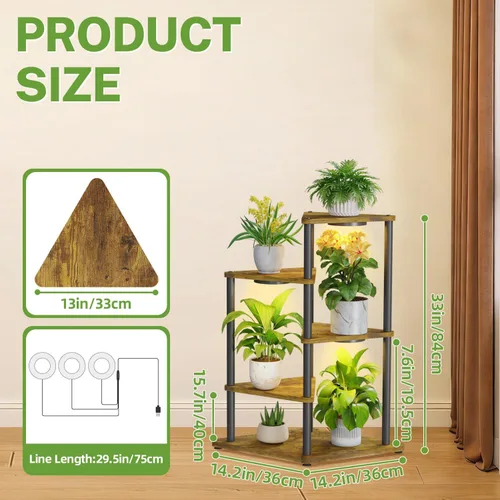 Vista 2 de iDavosic.ly Soporte alto para plantas con luces de cultivo para macetas grandes y resistentes, estante de flores de esquina interior de 4 niveles