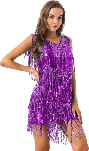 Vista 10 de Aislor Vestido de baile latino para mujer, con borlas y lentejuelas, vestido de baile de tango Negro