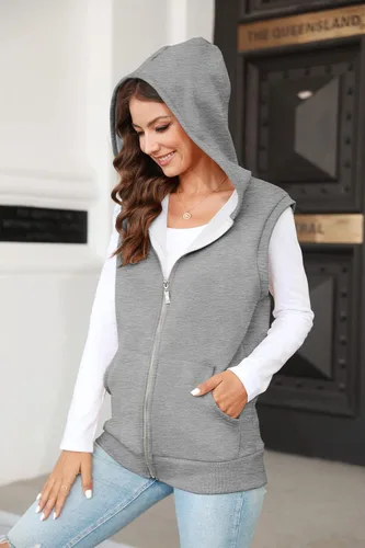 Vista 5 de Yousify Sudadera con capucha y bolsillos para mujer, estilo casual, térmica, sin mangas, con cremallera