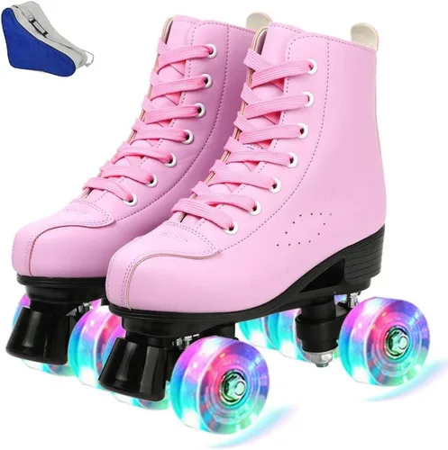 Vista 11 de XUDREZ Patines de ruedas para mujeres y hombres, brillantes, de doble fila, cuatro ruedas, patines para mujer con bolsa de zapatos