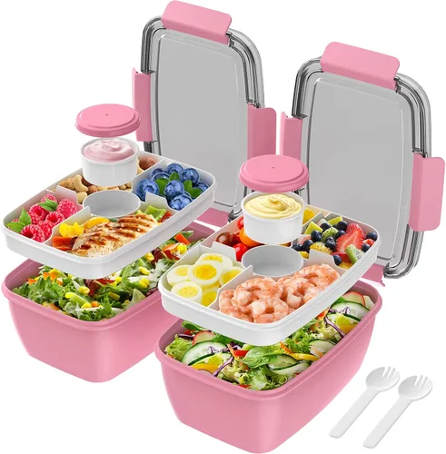 Vista 11 de Cherrysea Lonchera para ensalada, paquete de 2 tazones con 3 compartimentos, a prueba de fugas con tenedor y contenedor de salsa - Verde+Rosa