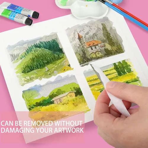 Vista 4 de Paquete de 2 cintas blancas de artista para papel de acuarela, cinta adhesiva de arte blanca para dibujar pintura, lienzo, enmarcado, sin ácidos