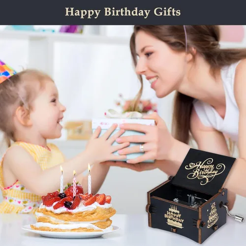 Vista 4 de Caja de música de feliz cumpleaños, con manivela grabada, cajas musicales de madera vintage, regalo para novio, novia, mamá, papá, niños, abuela
