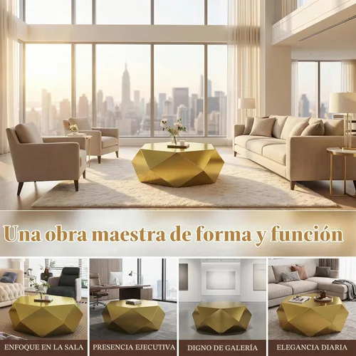 Vista 5 de SSLine Mesa de centro moderna de tambor para sala de estar, mesa de centro de acero inoxidable dorada de lujo de 39.4 pulgadas, mesas centrales
