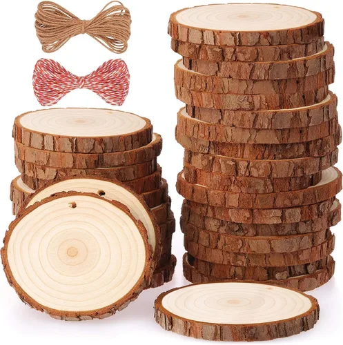 Vista 8 de Fuyit Juego de 30 rodajas de madera de 2.0 a 2.4 pulgadas, sin acabar, con agujero, círculos de madera para artes y manualidades, adornos