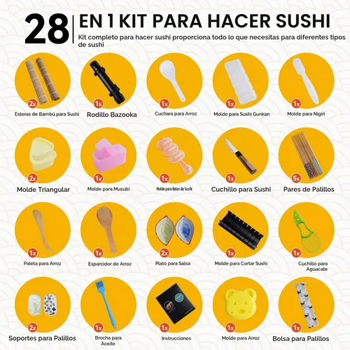 Vista 4 de Kit de Fabricación de Sushi, Juego Profesional de Fabricación de Sushi con Bazooka y Rodillo Incluye Alfombrilla de Bambú, Molde de Corte, Cuchillo