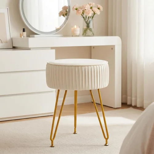 Vista 2 de Taburete de tocador de terciopelo, moderno taburete otomano con patas doradas ajustables, silla de maquillaje para tocador, silla de tocador pequeña