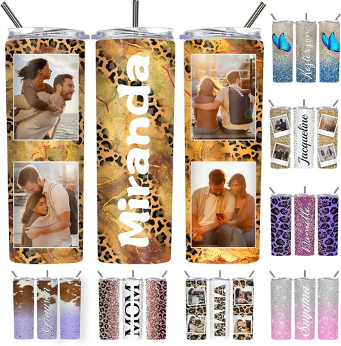 Vista 22 de Vaso delgado personalizado con purpurina con tapas y popotes, nombres, vasos de acero inoxidable personalizados con imagen para mujeres, hombres