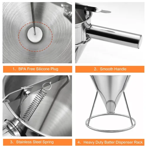 Vista 2 de Dispensador de masa de panqueques de 20 onzas, dispensador de pasteles de embudo de acero inoxidable con soporte, herramienta de hornear resistente