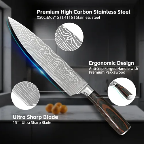 Vista 3 de Juego de cuchillos de chef de cocina profesional, Razor Sharp de acero alemán de alto carbono, 3 piezas, mango ergonómico de madera de Pakkawood