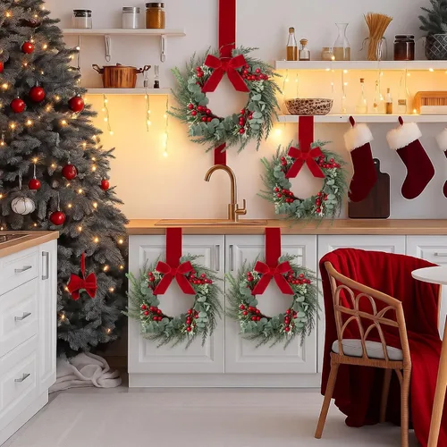 Vista 2 de 4 mini coronas de Navidad de 8 pulgadas para gabinete de cocina, anillos de vela de Navidad, coronas, pilares de puerta delantera/centros de mesa
