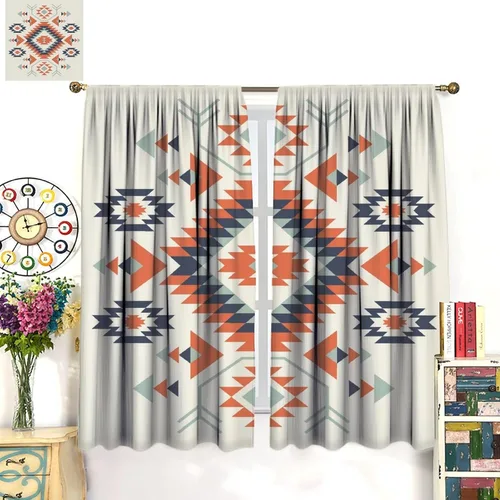 Vista 294 de Cortinas con patrón geométrico tribal, estilo suroeste, azteca, rústico, occidental, nativo americano, opacas, con bolsillo para barra, decoración