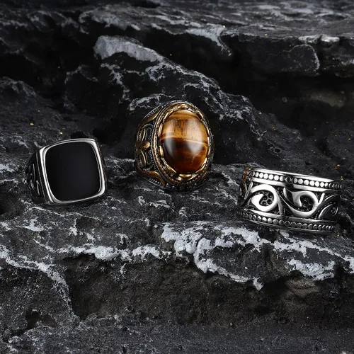 Vista 9 de LOLIAS 3 anillos de acero inoxidable con sello para hombre, anillo retro vintage con piedra de ojo de tigre, anillos de banda de nudo celta negro