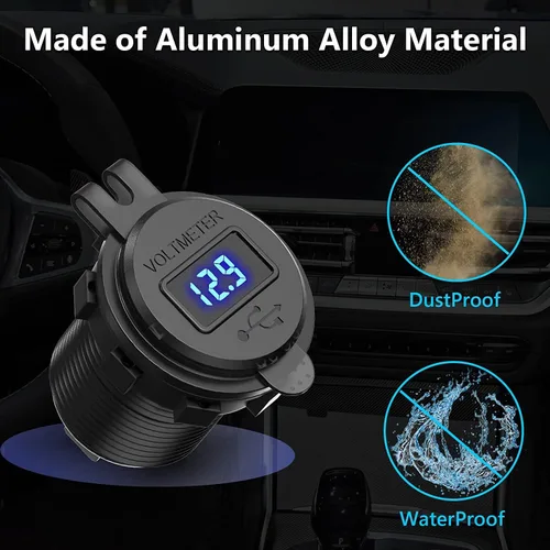 Vista 5 de Paquete de 2 salidas USB de 12 V, carga rápida dual 3.0, cargador de aluminio impermeable con voltímetro LED e interruptor de alimentación