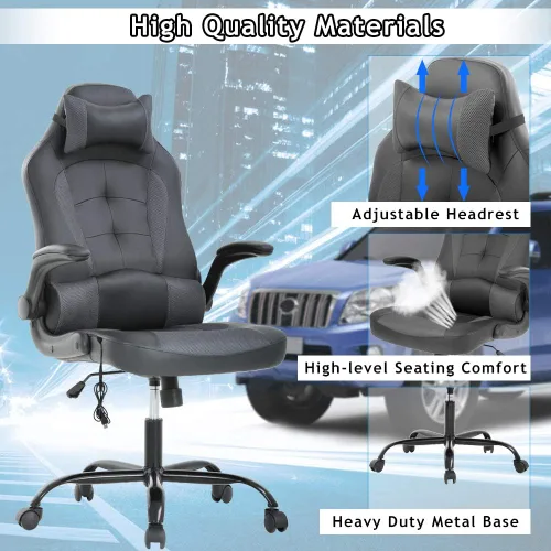 Vista 5 de Silla de oficina ergonómica de piel sintética con reposacabezas y reposacabezas para juegos de masaje, silla de oficina de carreras de PC, silla Gris