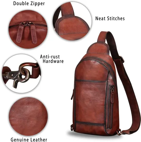 Vista 6 de IVTG Bolso bandolera de cuero genuino para hombres y mujeres hecho a mano mochila bandolera bolso bandolera bolsa de pecho