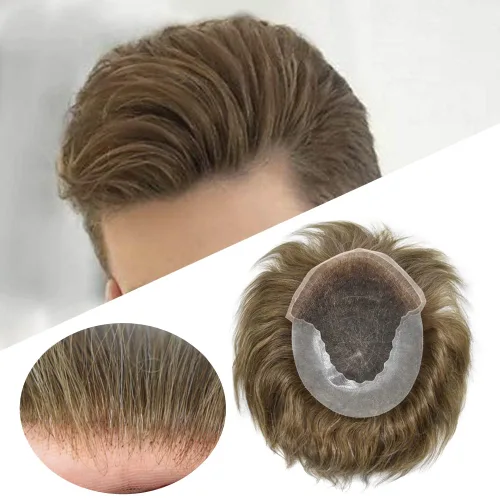Vista 23 de Toupee de cabello humano indetectable para hombres, sistema de reemplazo de cabello natural para hombres, pieza de cabello gris para hombres