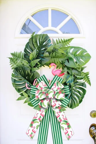 Vista 4 de Estivaux 2 rollos de cintas tropicales de verano para manualidades, fiesta hawaiana Luau con borde con alambre, arpillera verde con hojas
