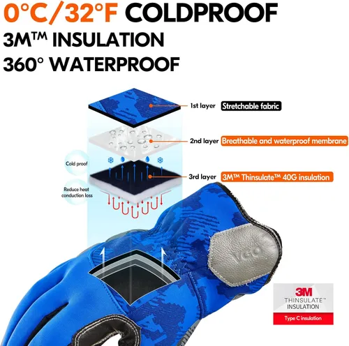 Vista 2 de Vgo... Winter Work Gloves for Men,Cold Weather Waterproof Gloves,Freezer Use,Cow Leather,Touchscreen(CA9790FW)
