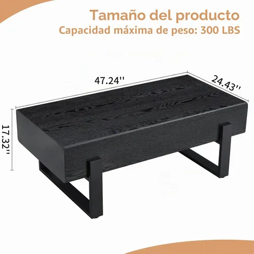Vista 2 de Mesa de Centro Rectangular de 47.24", Mesa de Centro de Madera con Tablero de 7.8" de Grosor, Patas de Metal, Esquinas Redondeadas para Sala