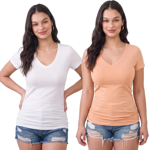 Vista 67 de Emmalise Camiseta de manga corta para mujer, cuello en V, tallas junior y plus