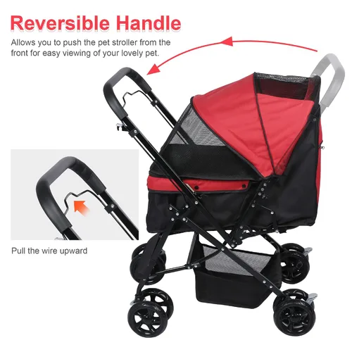 Vista 5 de Cochecito para perros con cuatro ruedas, carrito plegable para mascotas para perros pequeños y medianos y gatos con cubierta climática y cesta