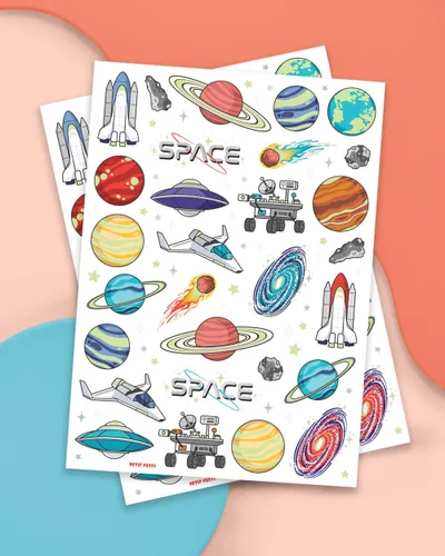 Vista 2 de xo, Fetti Space + Planets - Tatuajes temporales que brillan en la oscuridad para niños, 50 piezas, suministros de fiesta de cumpleaños