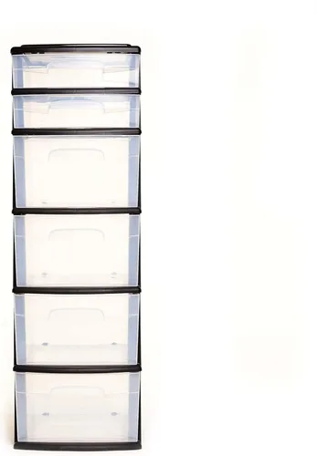 Vista 8 de HOMZ Torre de cajones, carrito organizador de almacenamiento de plástico transparente de 6 niveles, marco negro, cajones organizadores resistentes