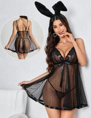 Vista 5 de Avidlove - Conjunto de lencería tipo camisón de encaje y malla para mujer Lunares negros
