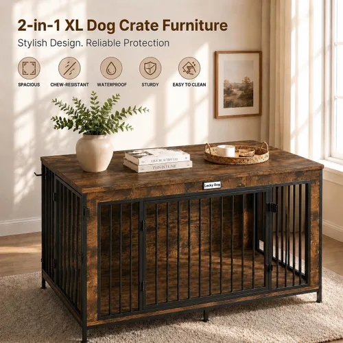 Vista 6 de Mueble de jaula de perro XL de 48 pulgadas para perros grandes y medianos, perrera de madera para interiores con 3 puertas, anillo de bloqueo