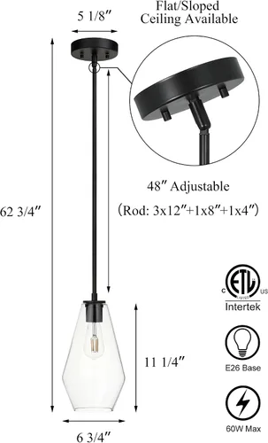 Vista 4 de XiNBEi Lighting Iluminación colgante de cristal, moderna lámpara colgante de cocina de 1 luz, lámpara colgante ajustable negra XB-P1228-MB