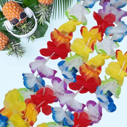 Vista 6 de Mowane 48 piezas de Leis hawaianos gruesos a granel, flores tropicales, 12 diademas, 24 pulseras, 12 collares florales para suministros de fiesta
