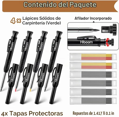 Vista 2 de Hiboom Paquete de 4 lápices de carpintero con 36 recambios de sacapuntas Negro