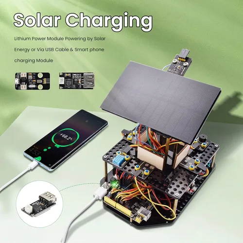 Vista 4 de KEYESTUDIO Kit electrónico de seguimiento solar DIY para Arduino, carga de teléfono inteligente, sensor de temperatura y humedad, sensor de luz