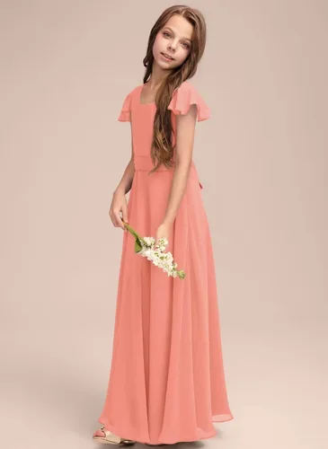 Vista 6 de Vestido de dama de honor junior de gasa cuadrado de una línea de vestido de niña de flores para boda