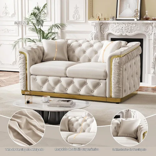 Vista 7 de Sofá de dos plazas Chesterfield de terciopelo de 62.2 pulgadas, sofá de lujo blanco y dorado, beige Gris