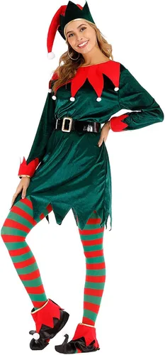 Vista 4 de FantastCostumes Disfraz de elfo navideño de lujo para mujer