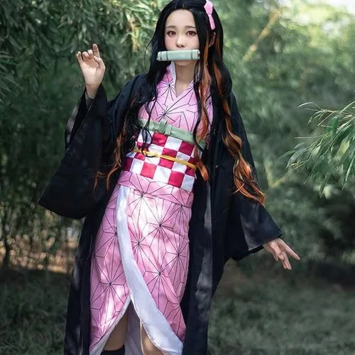 Vista 8 de SL Pelucas para disfraz de cosplay de Nezuko DS Anime Cosplay largo rizado naranja y negro pelucas con gorra