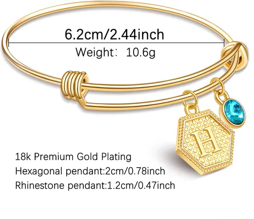 Vista 2 de Suonie Pulseras chapadas en oro de 18 quilates, 26 letras con dije hexagonal de inicial, pulseras ajustables para mujer, pulsera de diamantes