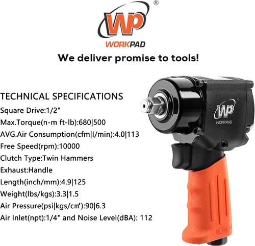 Vista 5 de WORKPAD - Mini llave de impacto neumática de 1/2 pulgada con martillos gemelos, herramientas neumáticas