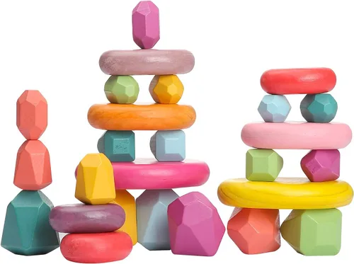 Vista 8 de OESSUF Rocas apilables extragrandes para niños pequeños de 1 a 3 años, 16 piezas de juguetes Montessori de madera, piedras de equilibrio jumbo