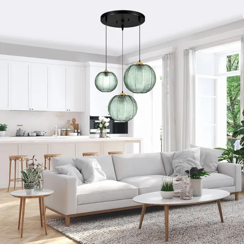 Vista 2 de Lámpara colgante verde, 3 en 1, accesorios de lámpara colgante de vidrio grande E26 E27 de mediados de siglo, lámpara de araña moderna acanalada