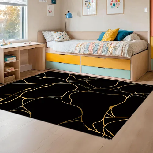 Vista 8 de Alfombra negra y dorada de 2 x 3: alfombra abstracta de líneas doradas, alfombra pequeña negra de acento felpudo de 24 x 36 pulgadas, lavable