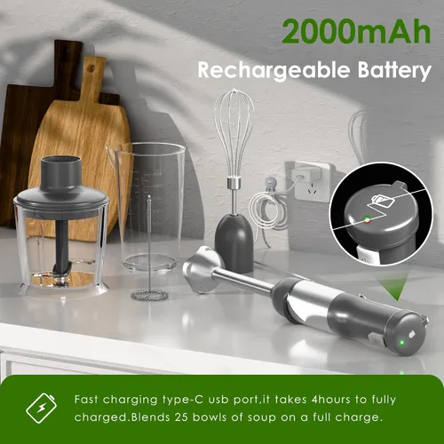 Vista 4 de Batidora de mano inalámbrica de inmersión, 5 en 1, velocidad variable, recargable con batería de 2000 mAh, sin BPA y accesorios aptos