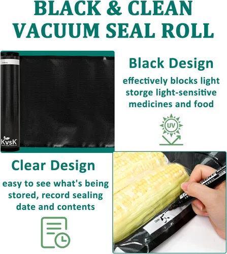Vista 2 de Paquete de 3 rollos de sellado al vacío negros y transparentes, 11 x 16.4 pies, para conservar la frescura de los alimentos, diseño a prueba de luz