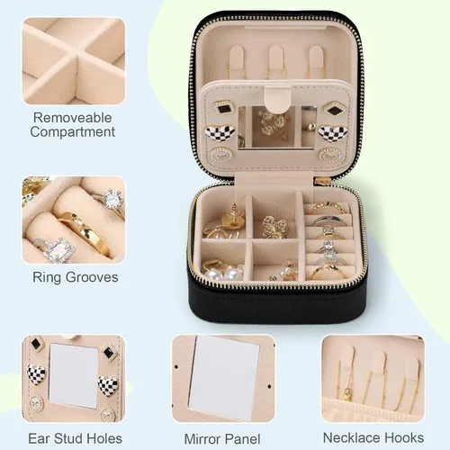 Vista 4 de Sightor Joyero organizador de terciopelo para viaje, pequeño joyero con espejo, portátil, estuche de almacenamiento de joyas para anillos, aretes
