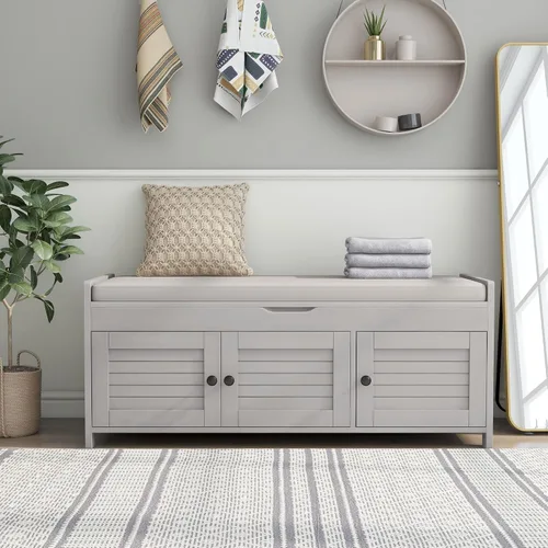 Vista 16 de SOFTSEA Banco de Almacenamiento Tapizado, Otomana de Almacenamiento con Cesta Removible y 2 Cajones, Banco de Zapatos de Estilo Granja con Cojín