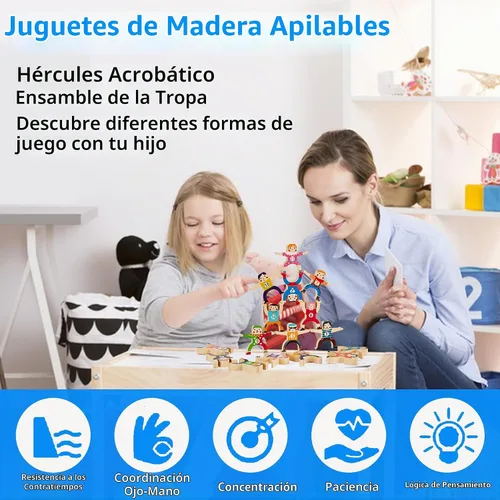 Vista 6 de moopok Juguetes Apilables de Madera, 16 Piezas Circo Hércules Troupe Acrobática Juguete de Encaje, Juego de Bloques de Construcción de Equilibrio