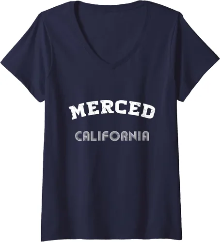 Vista 3 de Camiseta vintage con cuello en V para mujer de Merced City California State, Negro